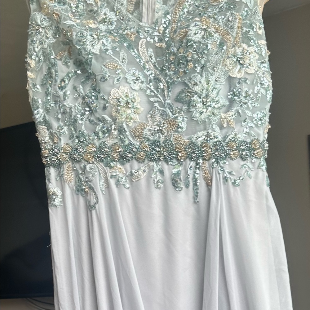 Mac Duggal Silver/Blue Beaded V-Neck Evening Gown with Thigh Slit